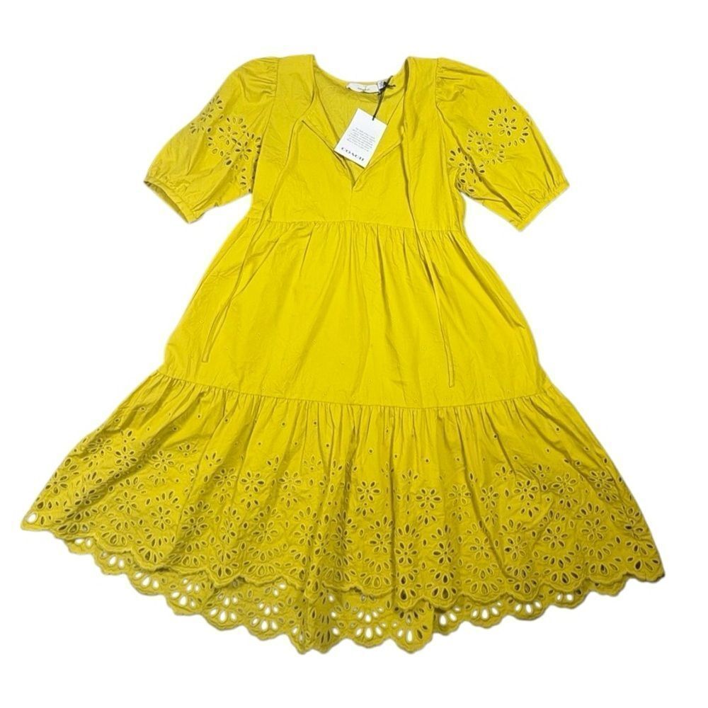 Coach Yellow Eyelet NWT Broderie Anglaise Puff Sleeve Dress Organic Cotton 0
